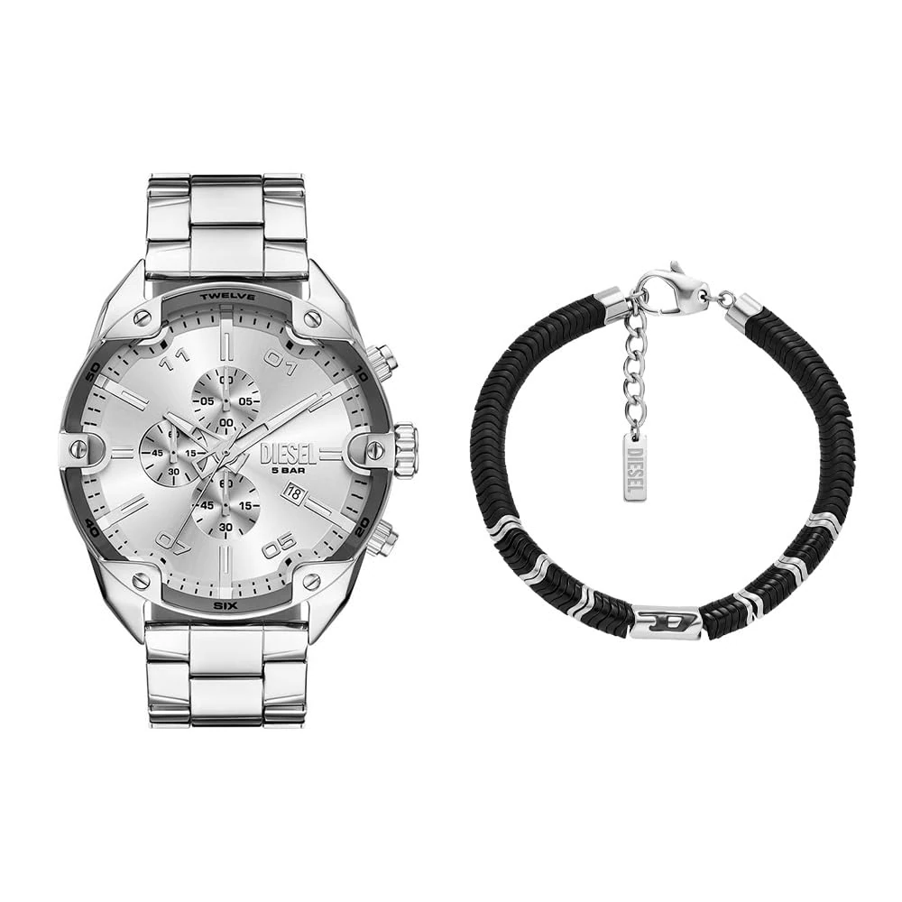 DIESEL Men's Spiked Silver-Tone Stainless Steel Watch and D Logo Bracelet Semi-Precious, Set