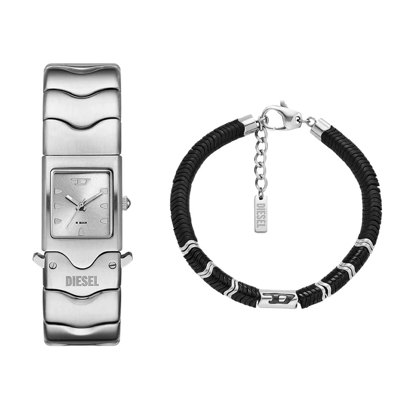 DIESEL Men's Closer Silver-Tone Stainless Steel Watch and D Logo Bracelet Semi-Precious, Set