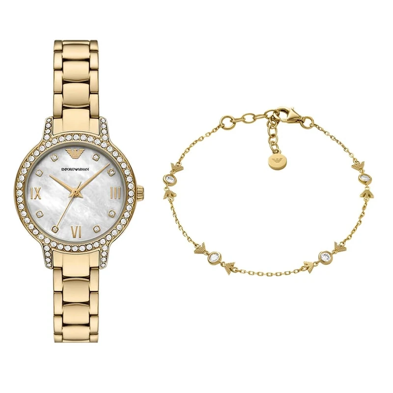 EMPORIO ARMANI Women's Gold-Tone Stainless Steel Watch and Bracelet Sterling Silver, Set
