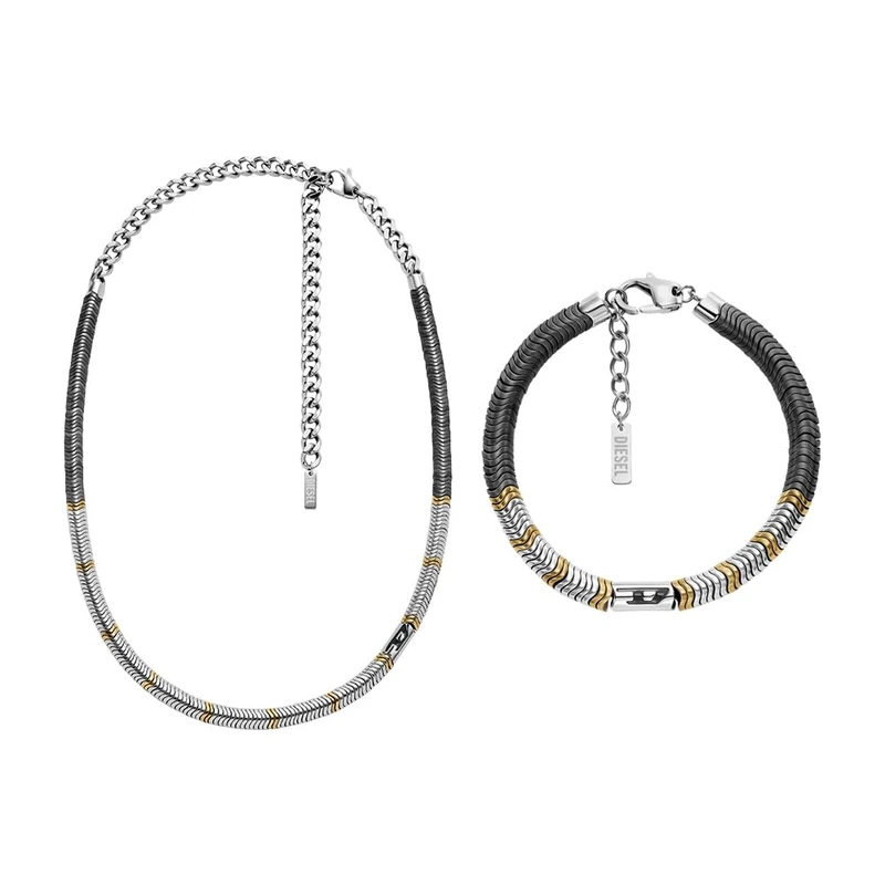 DIESEL Men's D Logo Silver-Tone Semi-Precious Necklace and Bracelet, Set
