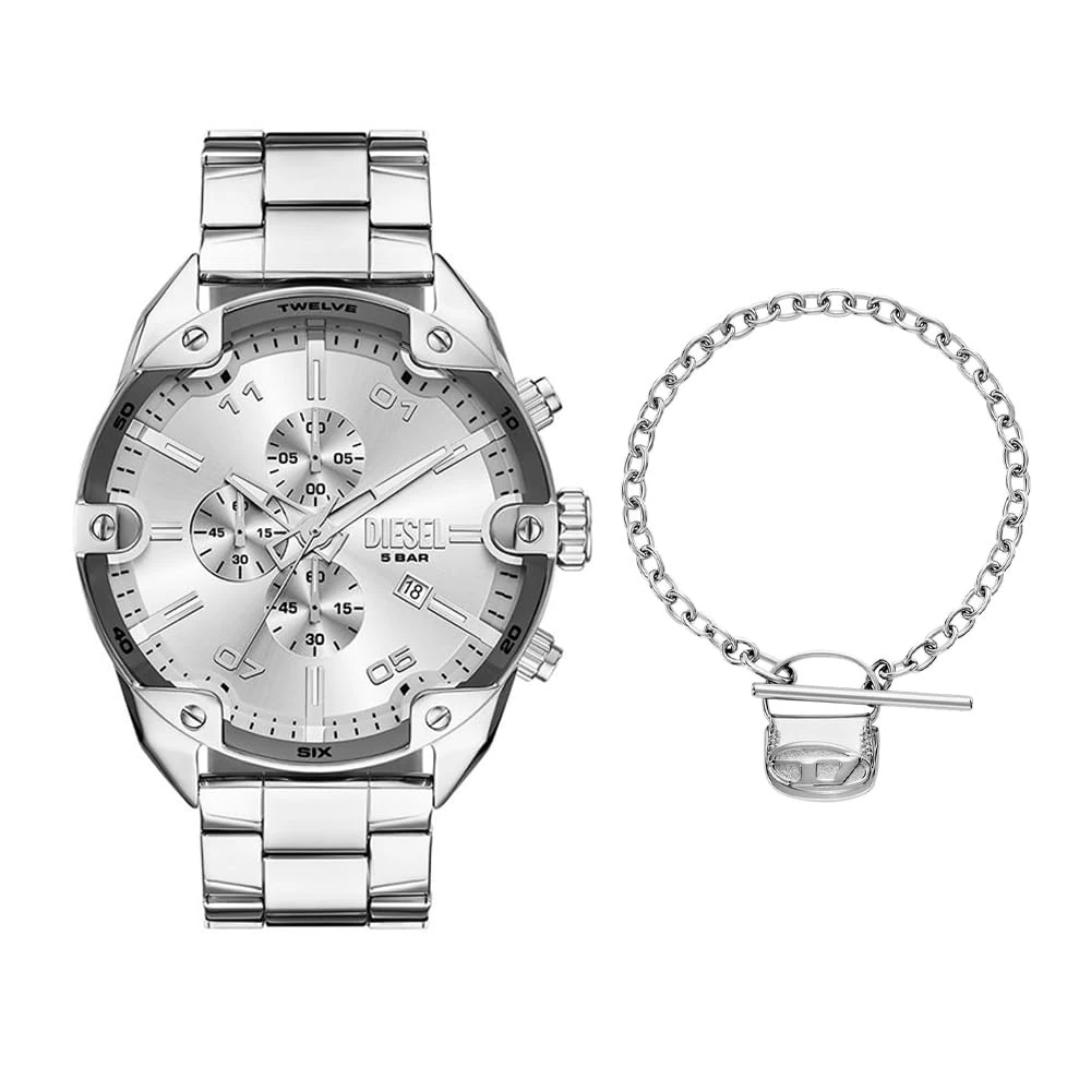 DIESEL Men's Spiked Silver-Tone Stainless Steel Watch and Bracelet, Set