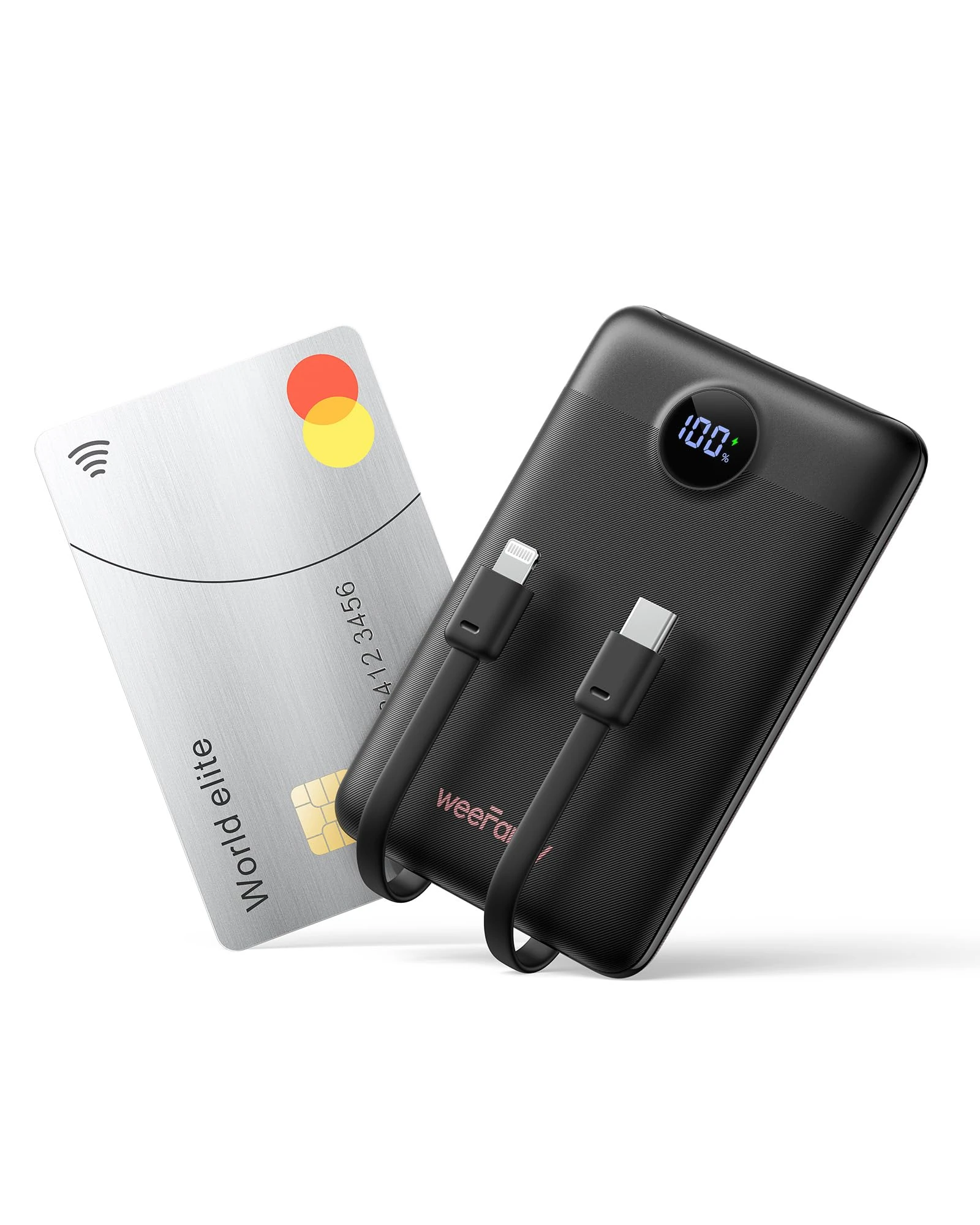 Power Bank Fast Charging WeeFancy 10000mAh Portable Charger With Built in Cables Small Battery Pack USB C with 3 Outputs ＆ 3 Inputs Mini Powerbank Compatible with Kindle Paperwhite, iPhone (Black)