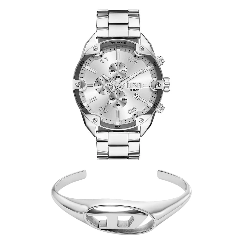 DIESEL Men's D Logo Silver-Tone Stainless Steel Watch and Bracelet, Set
