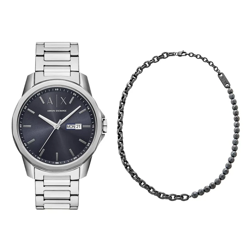 ARMANI EXCHANGE Men's Silver Stainless Steel Watch and Necklace Gunmetal, Set