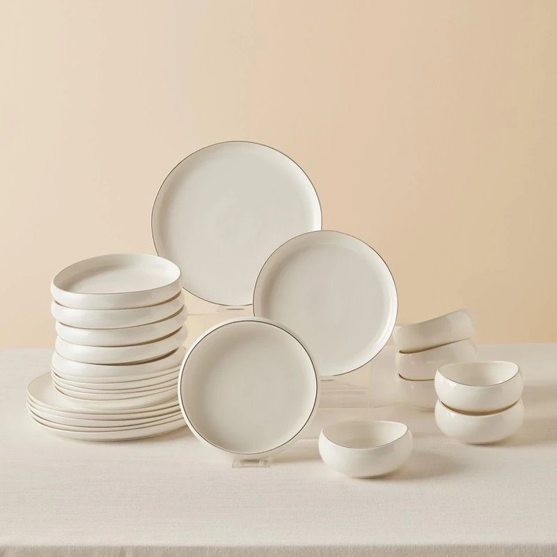 Karaca Stream Bone China Hole Gold 24-Piece Dinner Set for 6 People, Dinner Plate, Pasta Bowl, Side Plate, Soup Bowl, Multi