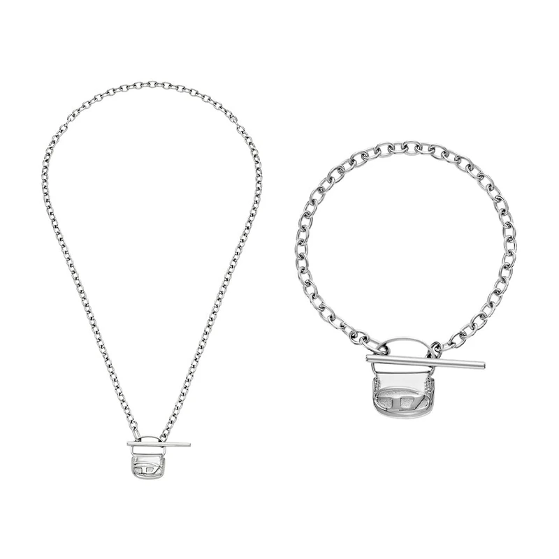 DIESEL Men's Silver-Tone Stainless Steel Necklace and Bracelet, Set