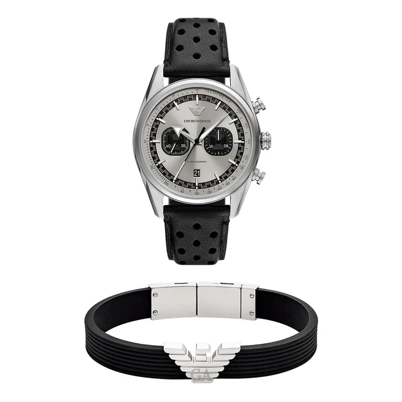 EMPORIO ARMANI Men's Black Leather Watch and Bracelet Silver-Tone Silicone, Set