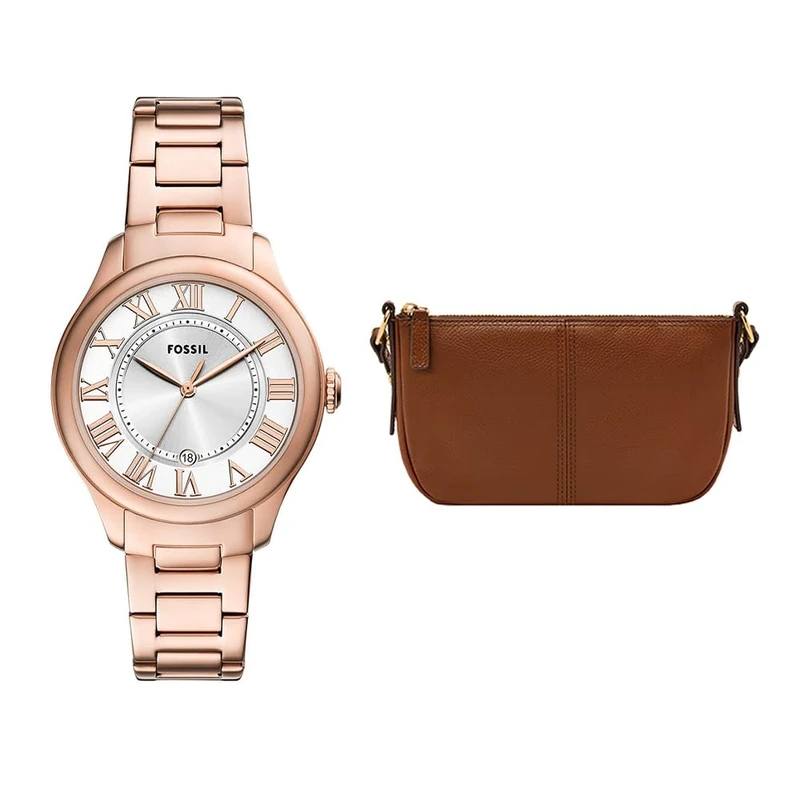 FOSSIL Women's Raquel Rose Gold-Tone Stainless Steel Watch and Jolie Bag Brown, Set