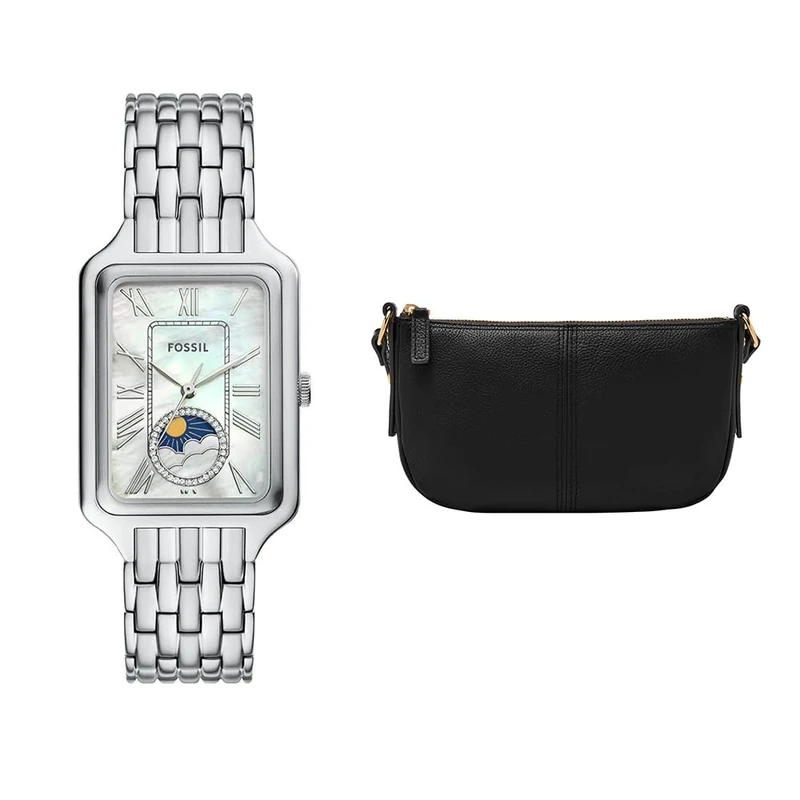FOSSIL Women's Raquel Silver-Tone Stainless Steel Watch and Jolie Bag Black, Set