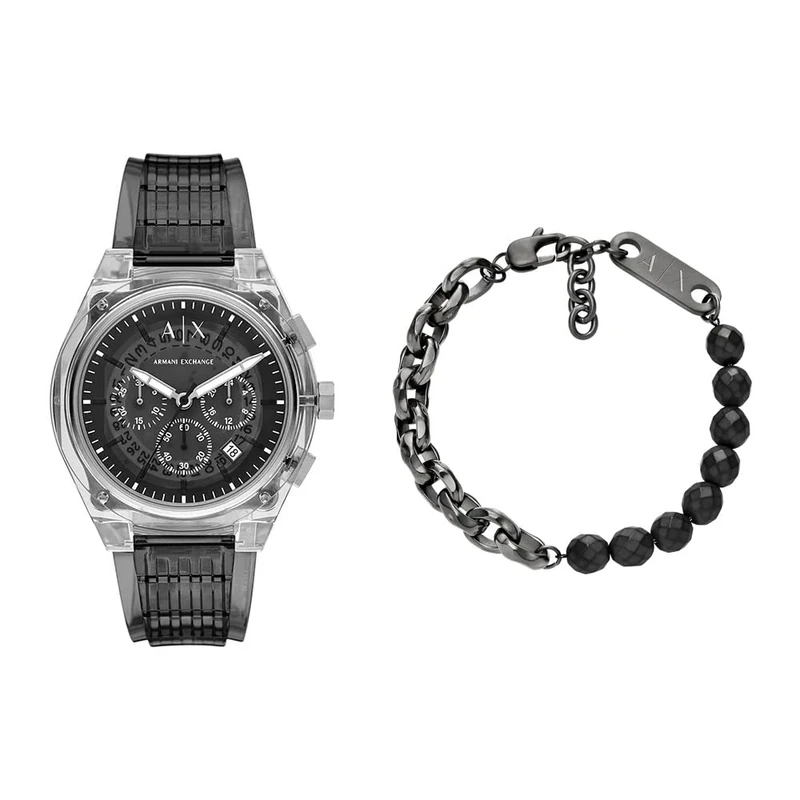 Armani Exchange Men's Grey Polyurethane Watch and Bracelet Gunmetal Stainless Steel, Set
