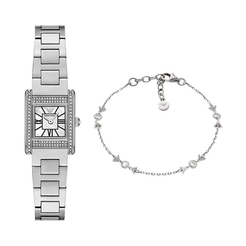 EMPORIO ARMANI Women's Silver-Tone Stainless Steel Watch and Bracelet Sterling Silver, Set