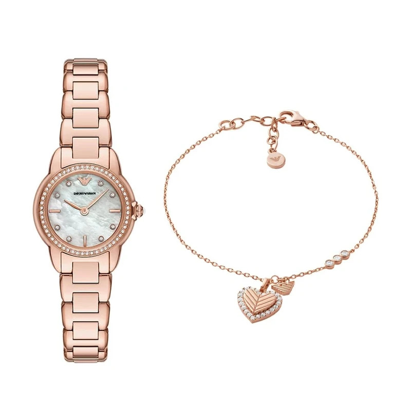 EMPORIO ARMANI Women's Rose Gold-Tone Stainless Steel Watch and Bracelet Sterling Silver, Set
