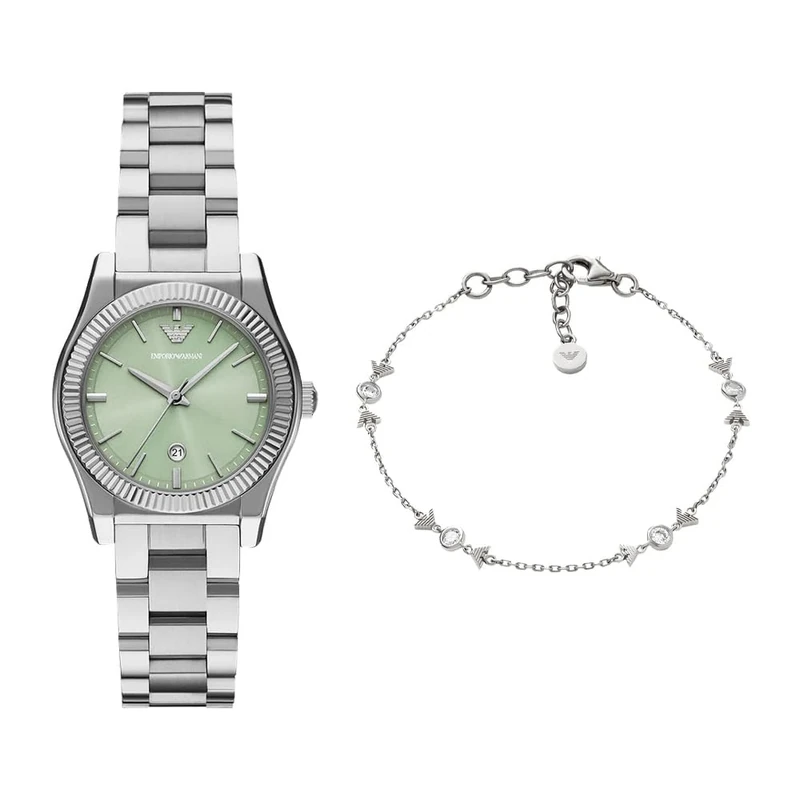 EMPORIO ARMANI Women's Silver-Tone Stainless Steel Watch and Bracelet Sterling Silver, Set