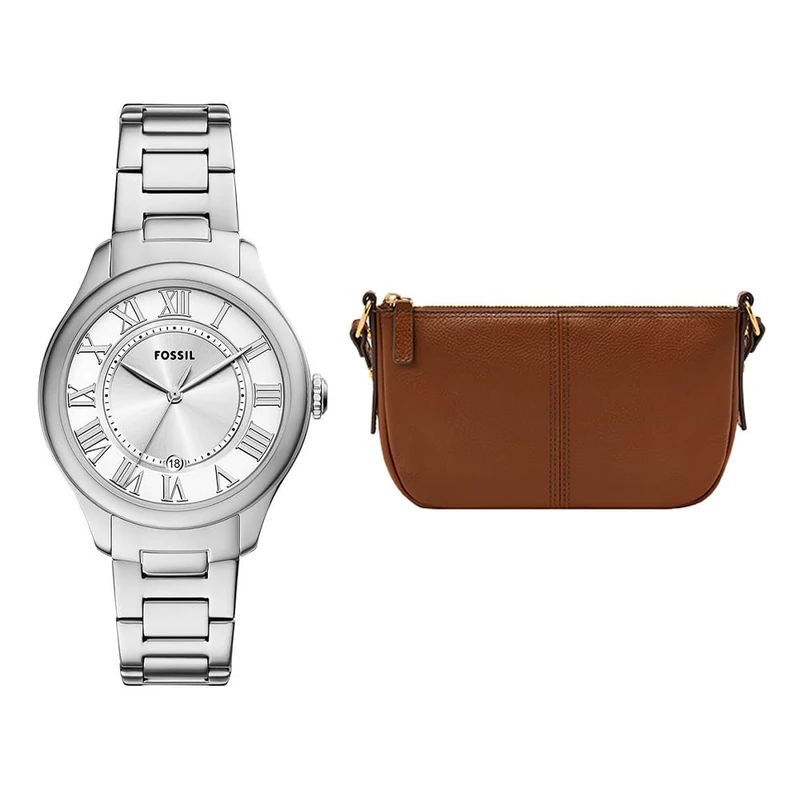 Fossil Women's Gilmore Silver-Tone Stainless Steel Watch and Jolie Bag Brown, Set