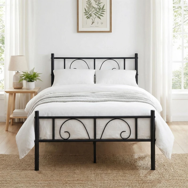 FurnitureR 3ft Single Bed, Metal Platform Bed Frame Solid Bedstead Base with Crochet-design Headboard and Footboard, Underbed Storage Space, Slatted Bed Fits for Teenagers/Adults, Black - Image 1