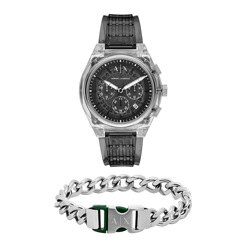 ARMANI EXCHANGE Men's Grey Polyurethane Watch and Bracelet Silver-Tone Stainless Steel, Set