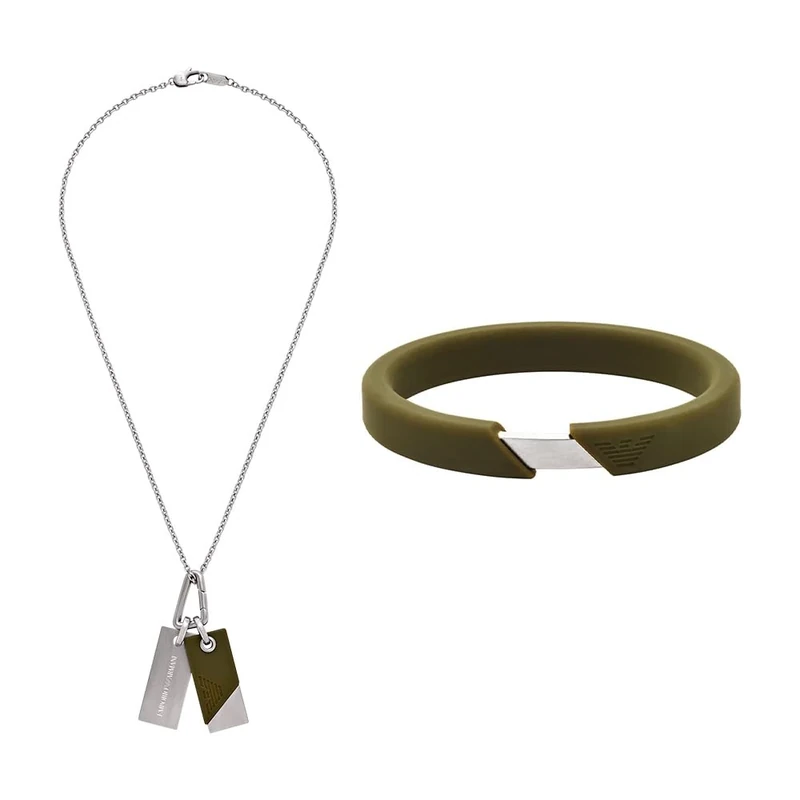 EMPORIO ARMANI Men's Silver-Tone Stainless Steel Necklace and Bracelet Silicone, Set