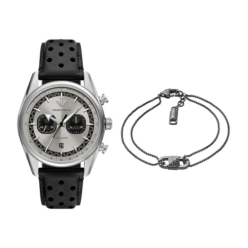 Emporio Armani Men's Black Leather Watch and Bracelet Stainless Steel, Set