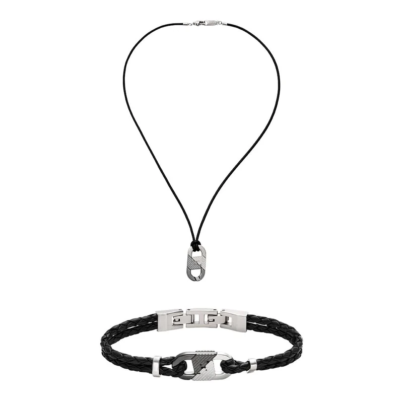 EMPORIO ARMANI Men's Two-Tone Leather Necklace and Bracelet, Set