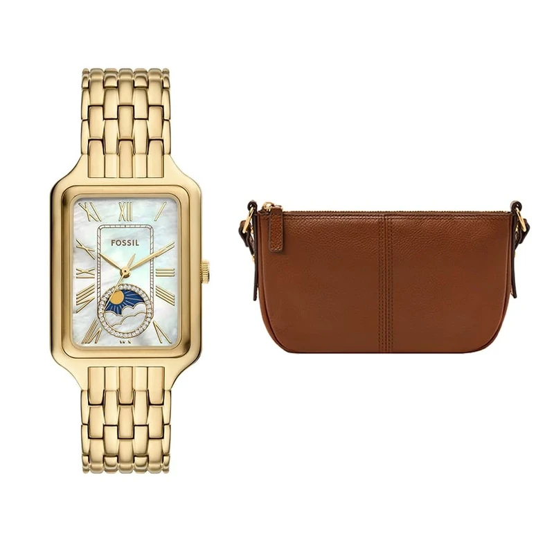 Fossil Women's Raquel Gold-Tone Stainless Steel Watch and Jolie Bag Brown, Set