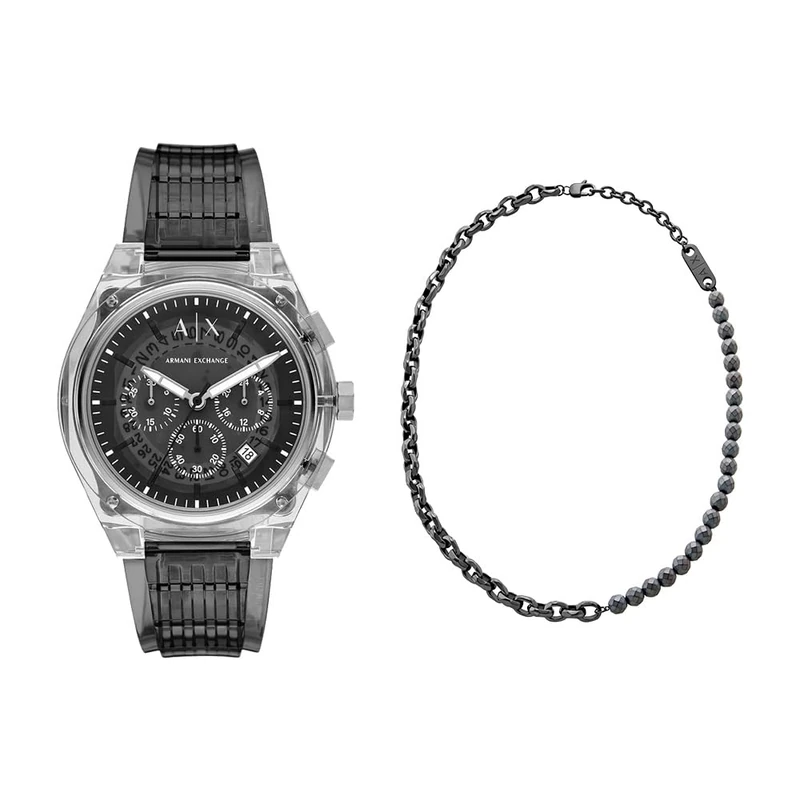 Armani Exchange Men's Grey Polyurethane Watch and Necklace Gunmetal Stainless Steel, Set