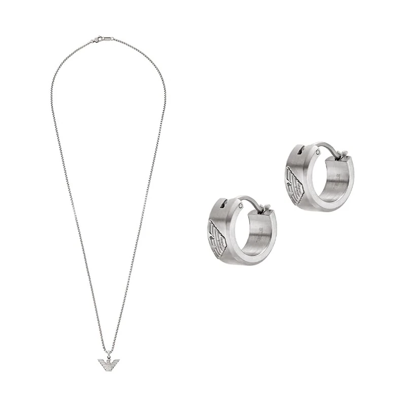 Emporio Armani Men's Silver-Tone Stainless Steel Necklace and Earrings, Set