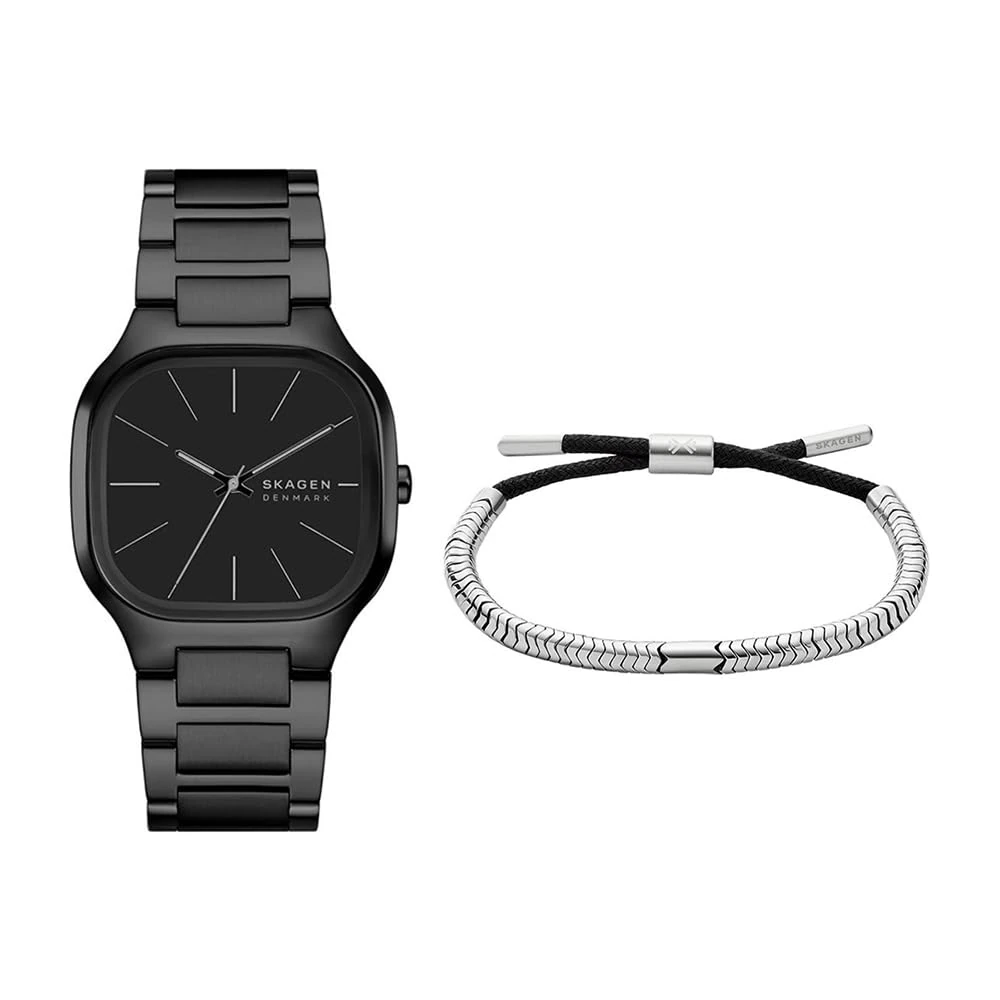 SKAGEN Men's Mellem Black Stainless Steel Watch and Pelle Bracelet Silver-Tone, Set