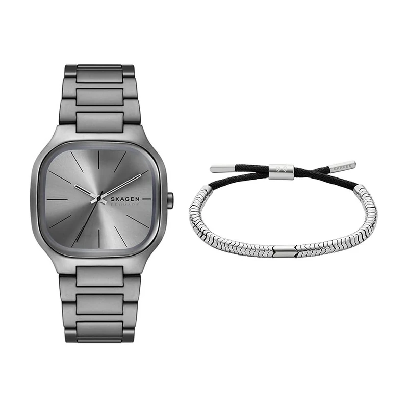 SKAGEN Men's Mellem Gray Stainless Steel Watch and Pelle Bracelet Silver-Tone, Set