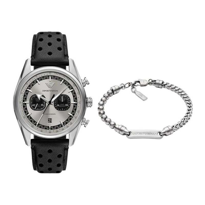 Emporio Armani Men's Black Leather Watch and Bracelet Silver-Tone Stainless Steel, Set
