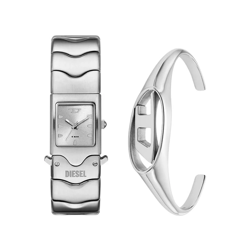 DIESEL Men's Closer Silver-Tone Stainless Steel Watch and Oval D Logo Bracelet, Set