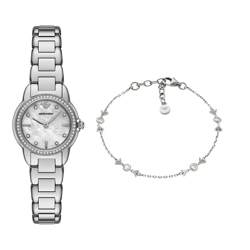 EMPORIO ARMANI Women's Silver-Tone Stainless Steel Watch and Bracelet Sterling Silver, Set