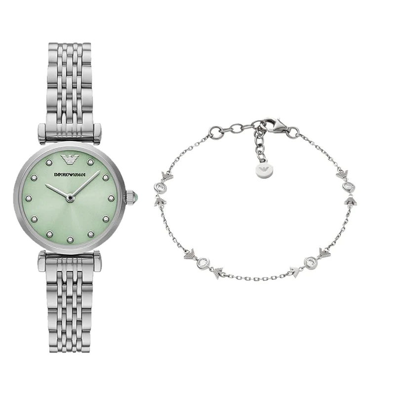 EMPORIO ARMANI Women's Silver-Tone Stainless Steel Watch and Bracelet Sterling Silver, Set
