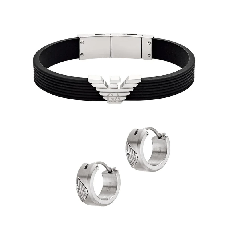 Emporio Armani Men's Silver-Tone Silicone Bracelet and Earrings Stainless Steel, Set