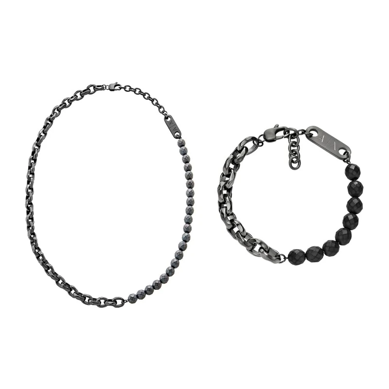 Armani Exchange Men's Gunmetal Stainless Steel Necklace and Bracelet, Set