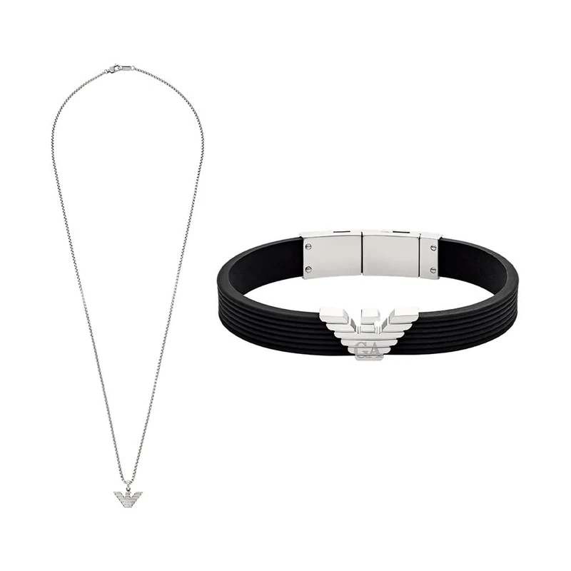 Emporio Armani Men's Silver-Tone Stainless Steel Necklace and Bracelet Silicone, Set