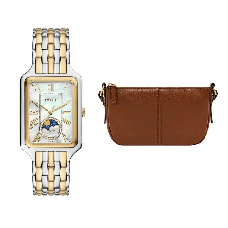 Fossil Women's Raquel Two-Tone Stainless Steel Watch and Jolie Bag Brown, Set