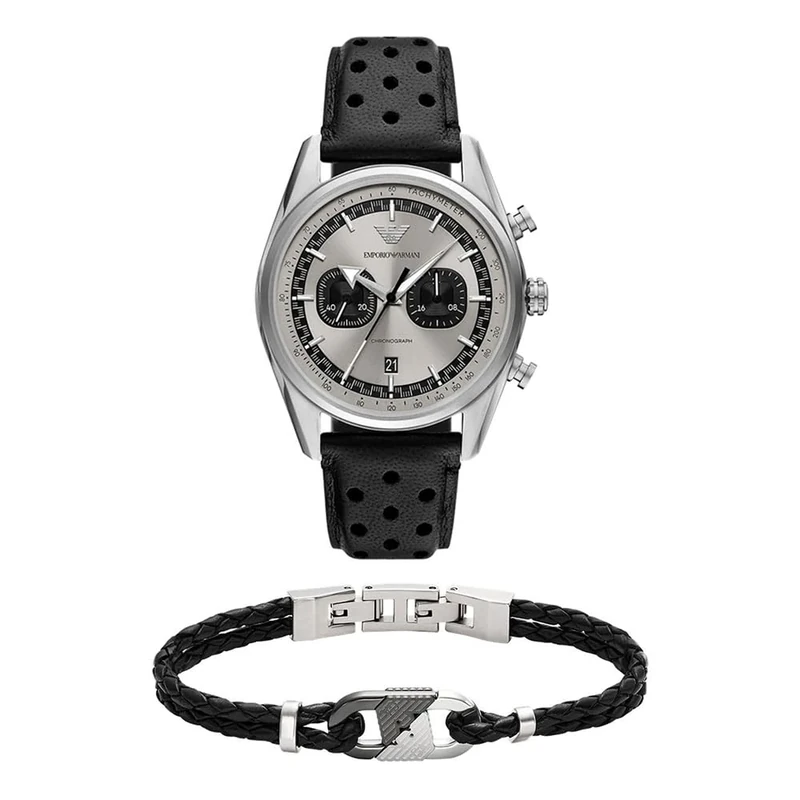 EMPORIO ARMANI Men's Black Leather Watch and Bracelet Two-Tone, Set