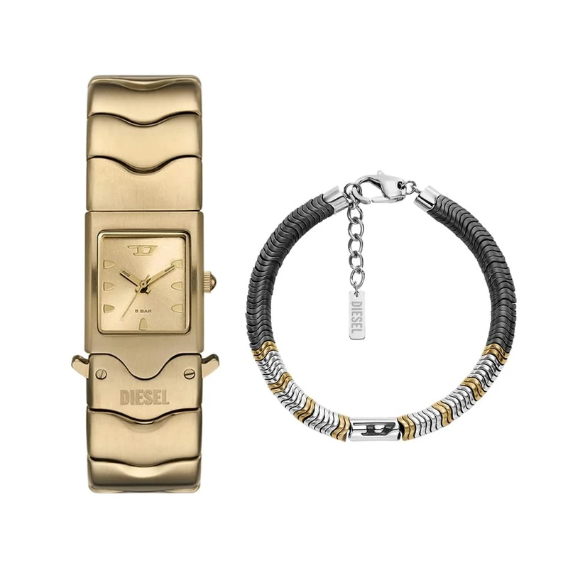DIESEL Men's Closer Gold-Tone Stainless Steel Watch and D Logo Bracelet Silver-Tone Semi-Precious, Set