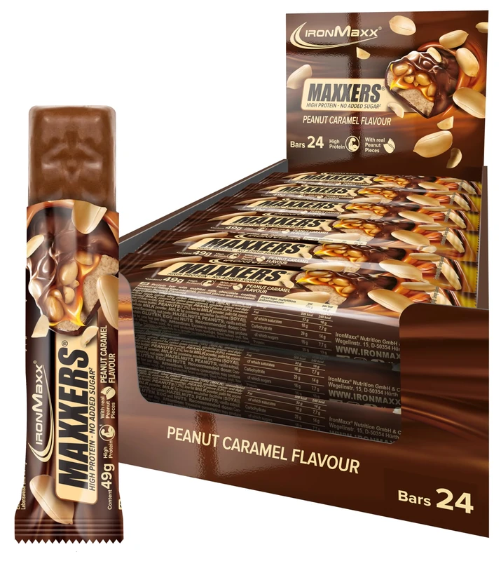 IronMaxx Maxxers Protein Bar – Peanut Caramel 24x49g | High Protein Snack | No Added Sugar | Gym Protein Bar