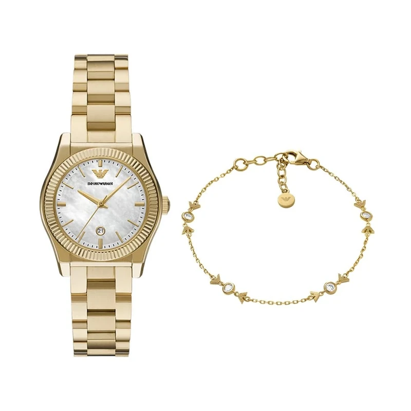 EMPORIO ARMANI Women's Gold-Tone Stainless Steel Watch and Bracelet Sterling Silver, Set