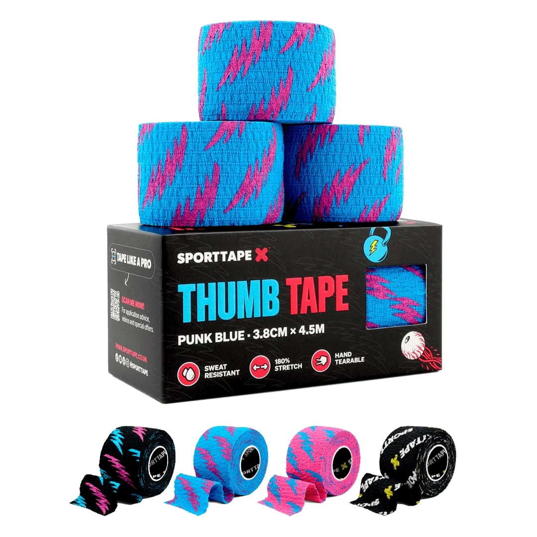 SPORTTAPE 3 Rolls Weightlifting Thumb Tape - Blue | Weightlifting Tape for Hook Grip, Olympic Lifting & Powerlifting with Sweatproof Adhesive | Easy Tear and Increases Bar Grip - 3.8cm x 4.5m