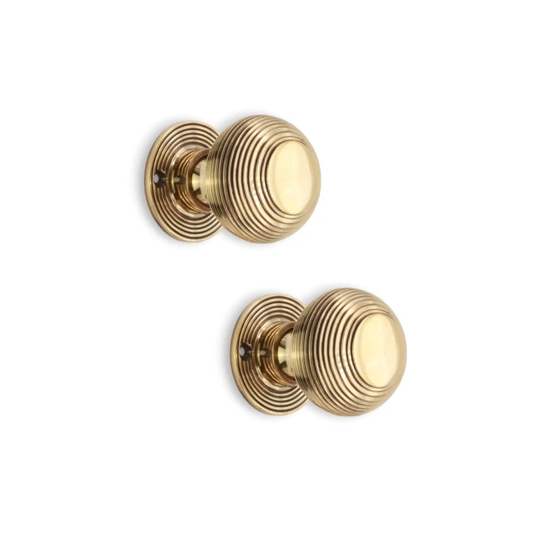 Infinity Decor Pair of Solid Brass Beehive Mortice Rim Door Knobs Aged Brass Finish – 50mm Round Pull Handles Set for Internal and External Doors
