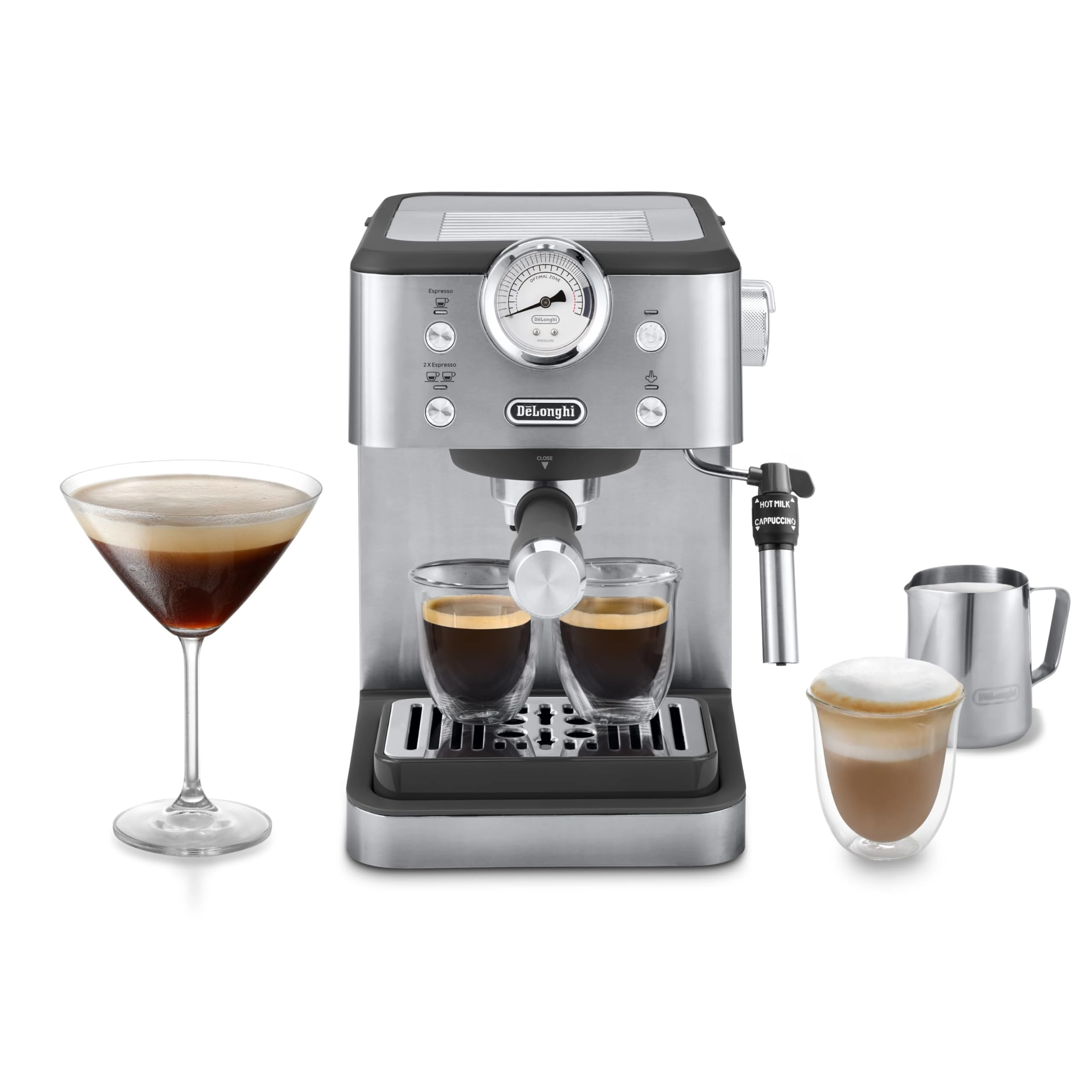 De'Longhi Classic EM450.M, Manual Coffee Machine with Steam Wand, Barista Pump Espresso Machine, Cappuccino Nozzle, Double Wall Filter Basket, 15bar, Fit Mug Up to 13cm, Stainless Steel/Metal