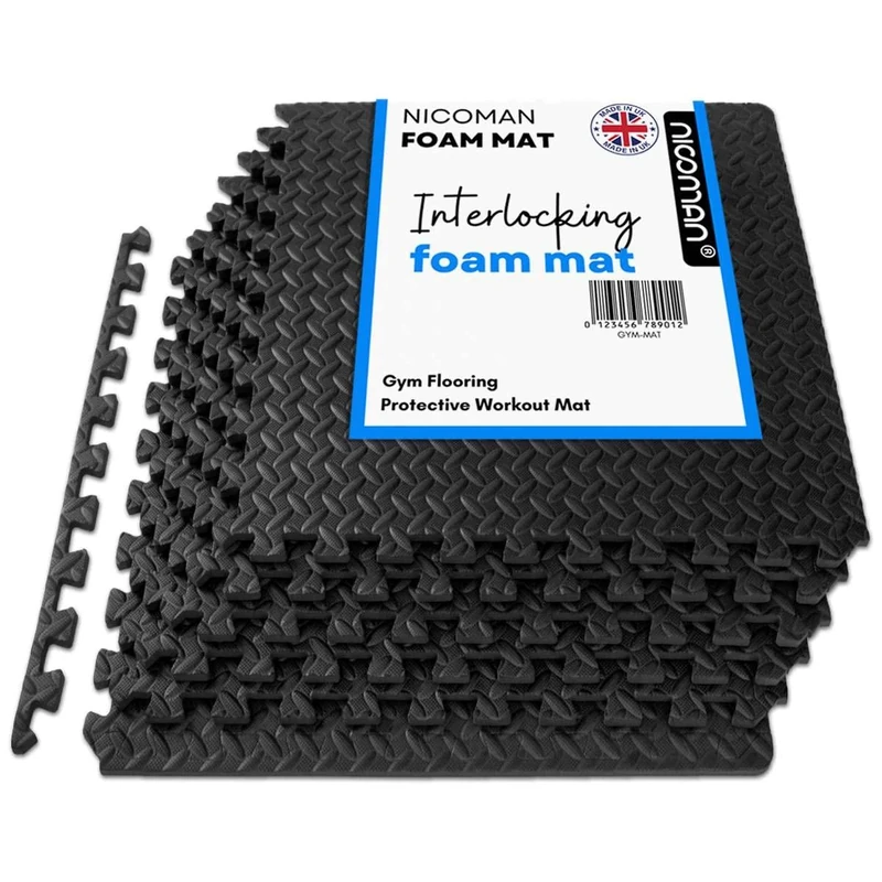 Nicoman 72 Pcs Gymnastics Mat Tiles Black for Heavy Weight Workout Exercise Home Large Interlocking Floor Mats 60x60cm