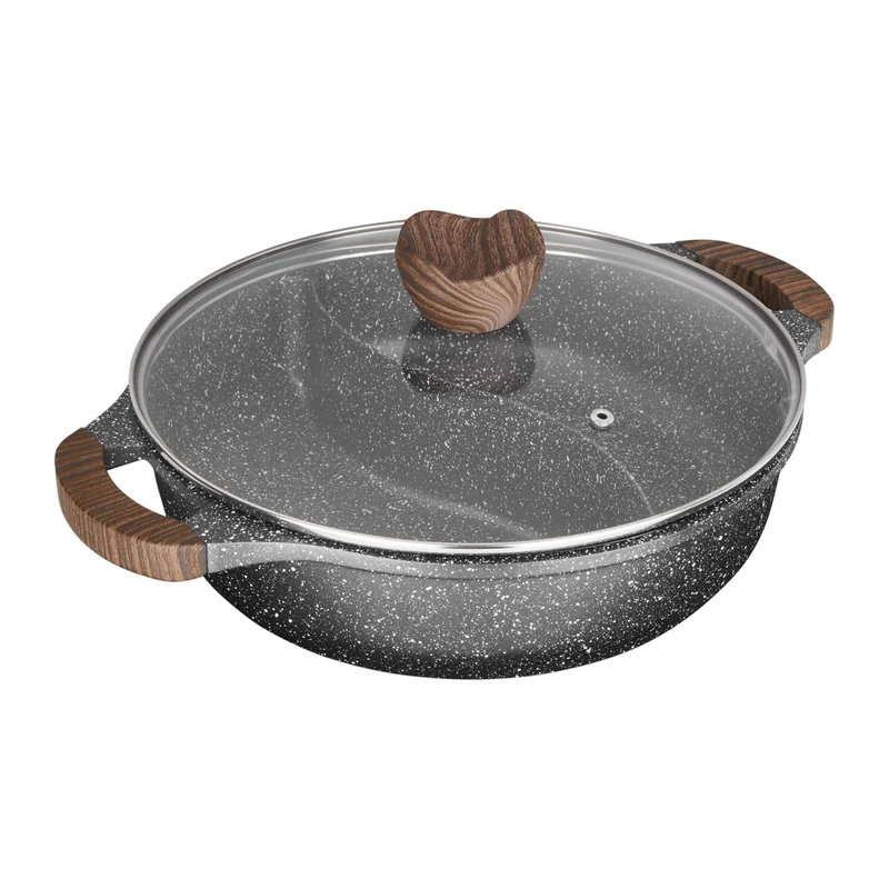 Sitram 716948 Frying Pan 2 Compartments Diameter 28 x 7.5 cm Cast Aluminium Non-Stick Coating PFOA-Free Stone Effect Shabu Pot with Glass Lid Suitable for All Heat Sources Including Induction