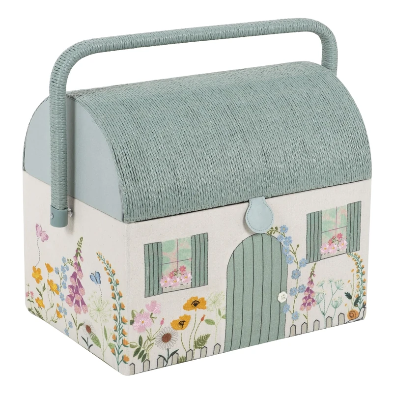 Hobby Gift Embroidered Sewing Box – Country Cottage Floral Design, Wicker Roof & Handle, Includes Internal Plastic Tray with Compartments for Creative Crafters –21 x 30 x 26cm