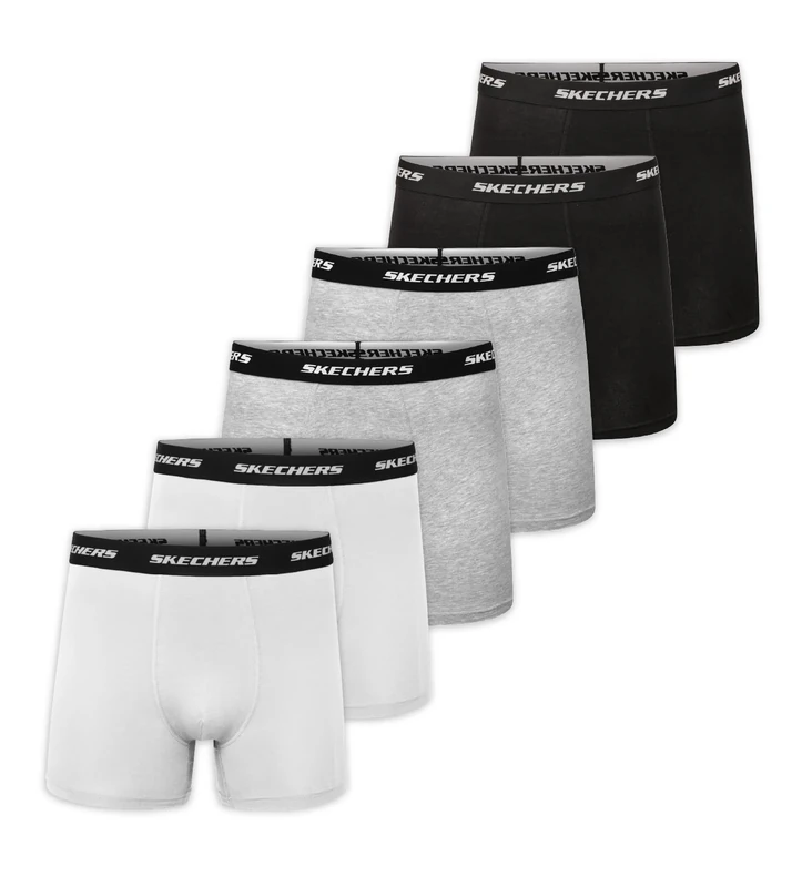 Skechers Men’s Tagless Boxer Briefs 6-Pack Athletic Fit, Moisture Wicking Cotton With Contoured Pouch, Breathable Multipack, White/Grey/Black, L