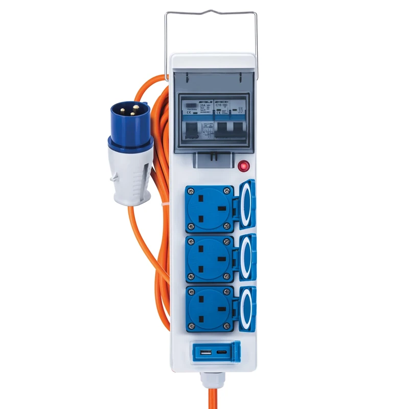 Status 5-in-1 15M Main Unit, 3 Sockets, USB-A & USB-C Ports, 25A RCD, 16A Circuit Breaker, IP44 Weatherproof – Ideal for Camping, Caravans, Motorhomes & Construction Sites (15M16APSU1PK3)