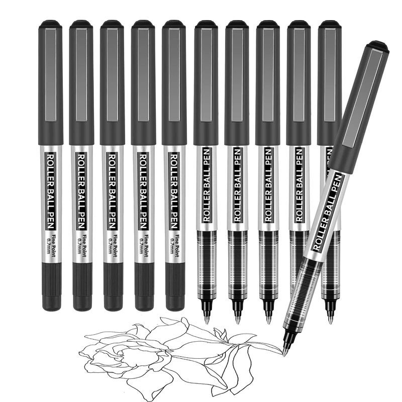 Rollerball Pen, 10 Pack Black Gel Pens 0.7 mm Fine Point Liquid Ink, Quick-Drying Ballpoint Pen for Writing, Journaling, Home Office Stationary Supplies