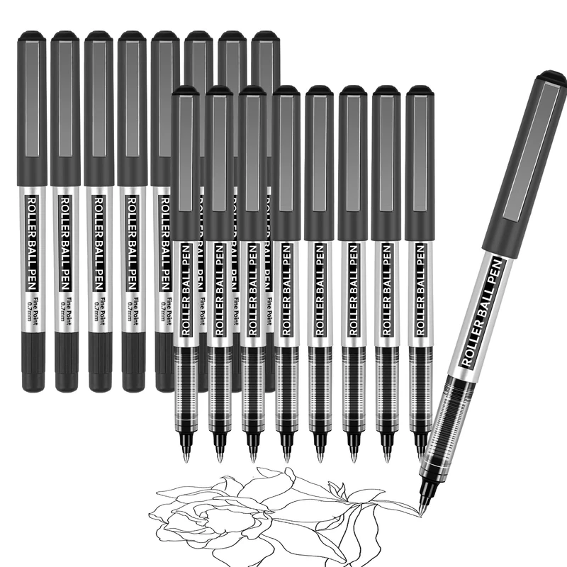 Rollerball Pen, 16 Pack Black Gel Pens 0.7 mm Fine Point Liquid Ink, Quick-Drying Ballpoint Pen for Writing, Journaling, Home Office Stationary Supplies